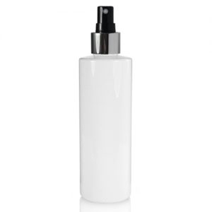 250ml Glossy White Plastic Bottle And Silver Atomiser Spray