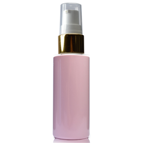 50ml Pink Plastic Bottle With Gold Lotion Pump - Ideon Packaging